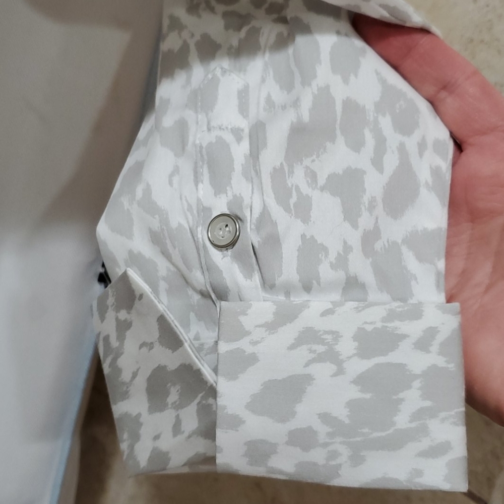 New York & Company White and Light Gray Leopard Print Button-Down Shirt - Picture 4 of 8